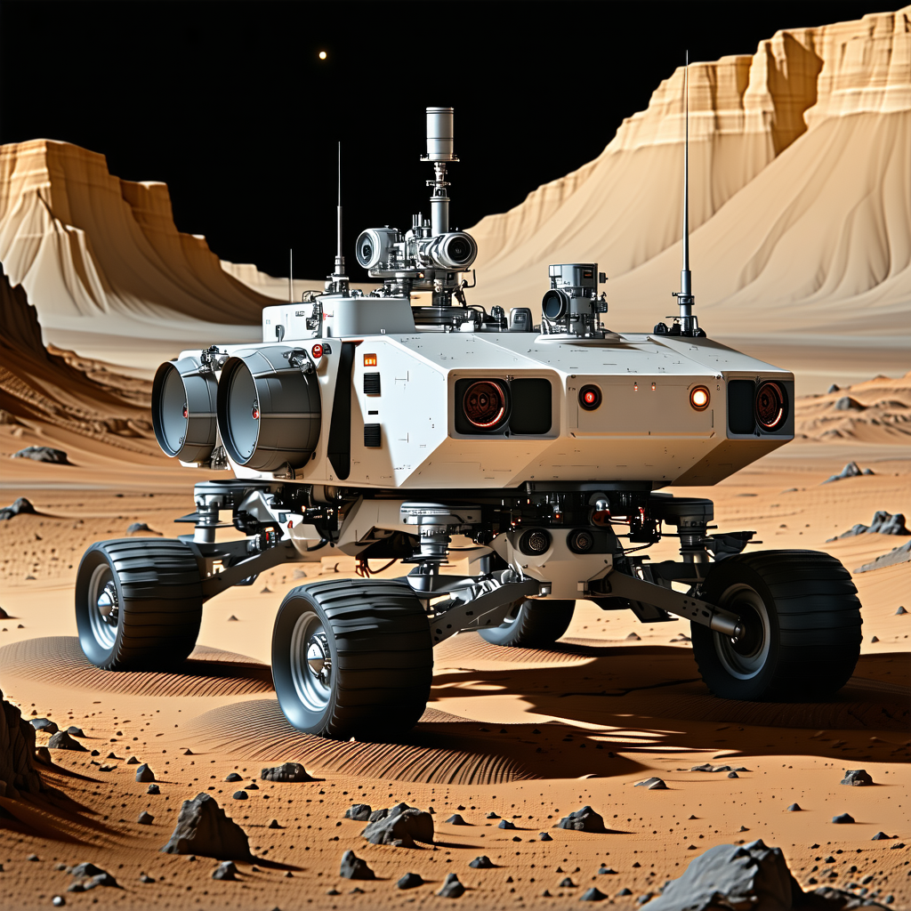 A White Rover Vehicle With Four Large Wheels, Driving Across A Rocky Terrain