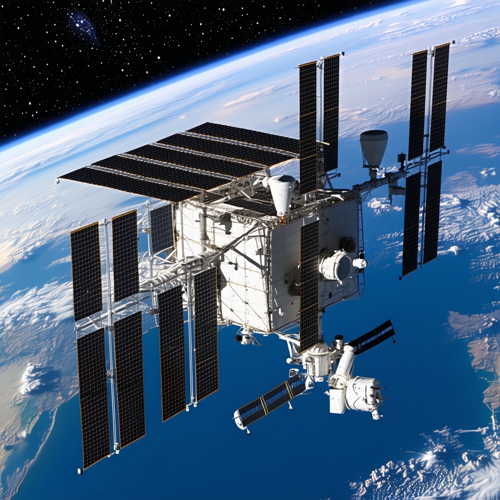 A Space Shuttle With A Large White Dome On Top Of It, Floating In The Sky