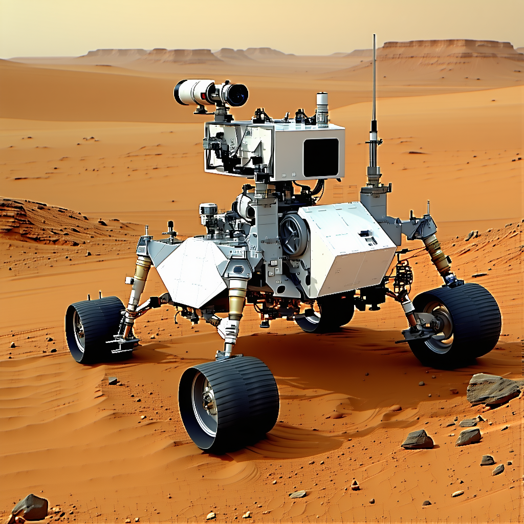 A White Robotic Vehicle, Possibly A Rover, Sitting On A Sandy Surface