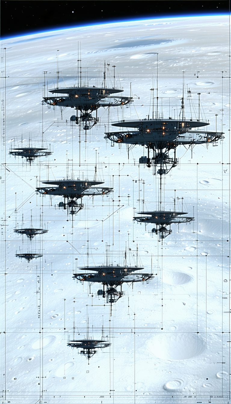 In The Image, There Are Several Large, Round, And Metallic Structures Floating In The Air