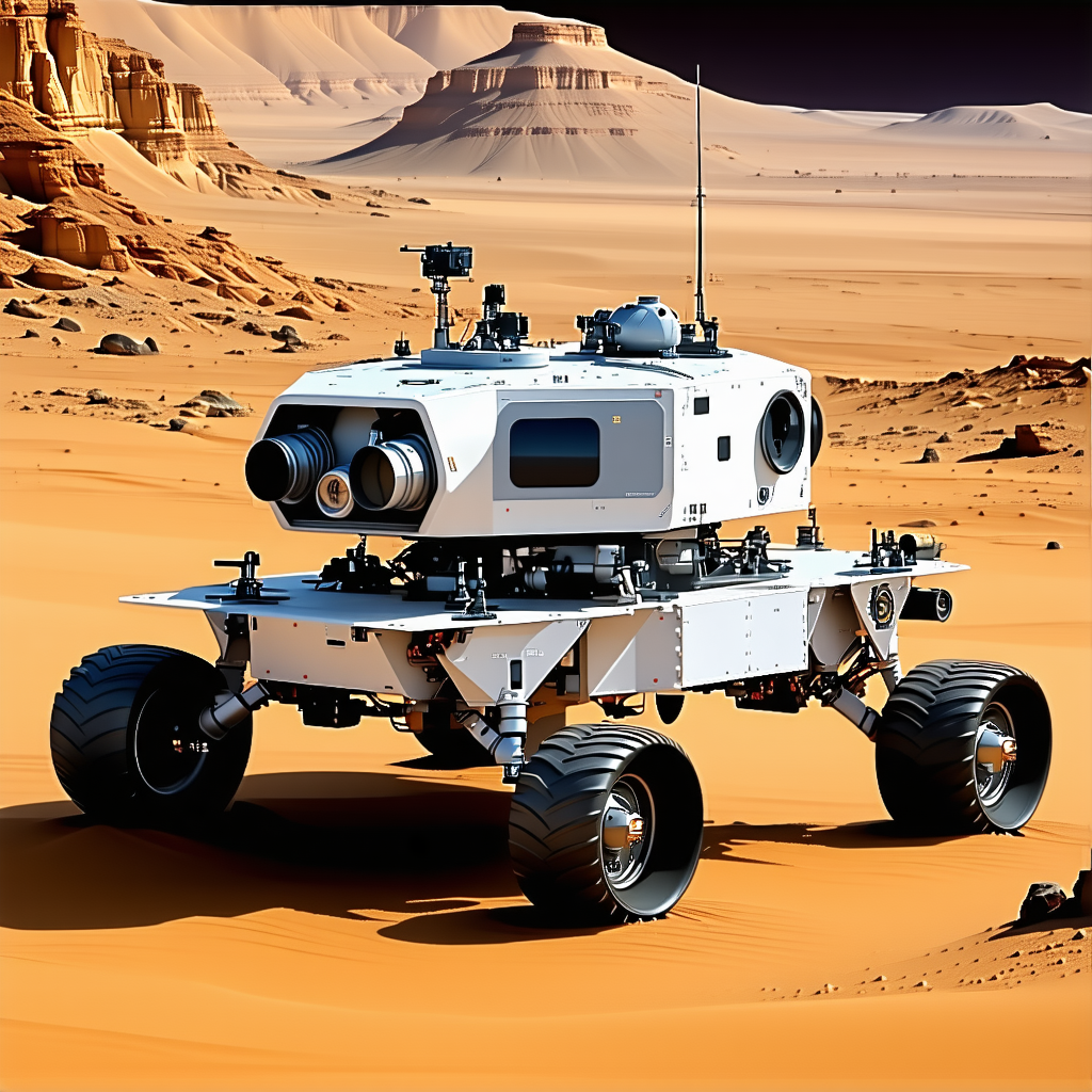 A White Robotic Vehicle With Four Large Wheels, Driving Across A Desert-like Terrain