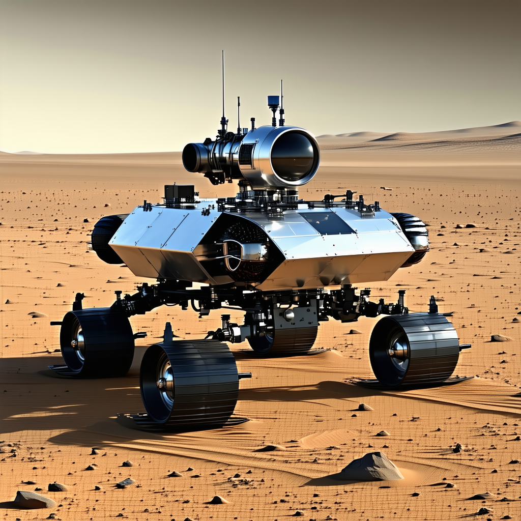 A Large, Silver Robotic Vehicle With A Dome-shaped Top, Sitting On A Sandy Surface