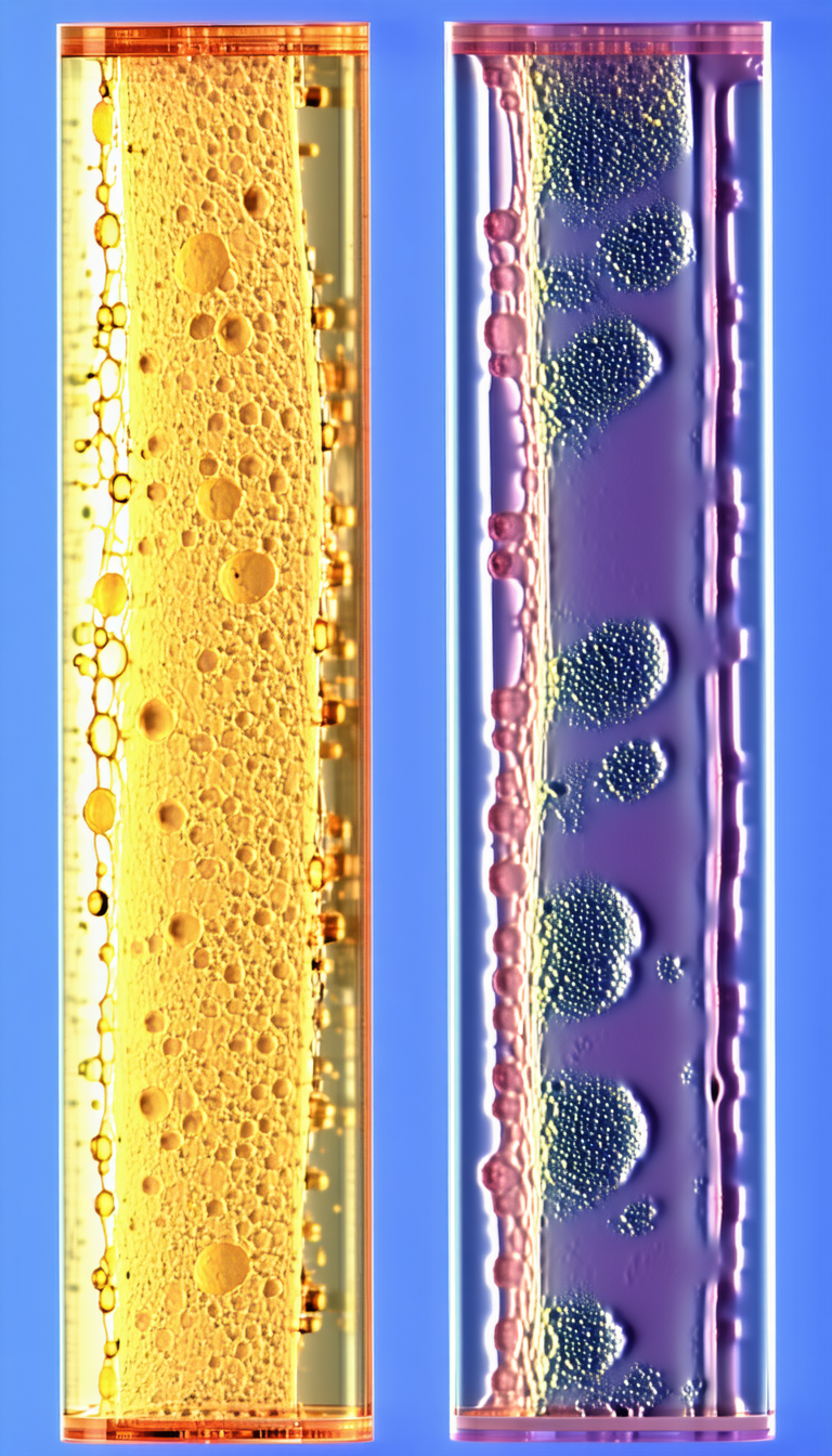 Two Different Colored Liquids, One Yellow And The Other Orange, Flowing Through A Tube