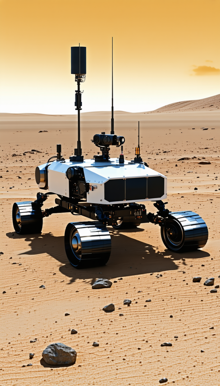 A White Robotic Vehicle With Four Wheels, Driving Across A Sandy Terrain