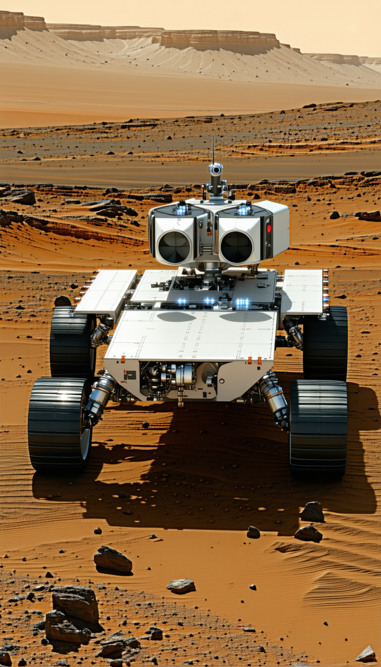 A White Robot Is Sitting On A Red Dirt Surface, With A Rocky Terrain In The Background