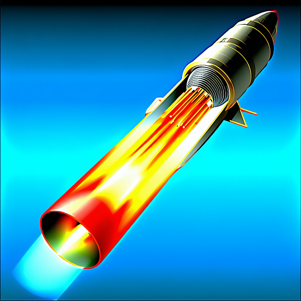 A Rocket Is Shown In A Blue Sky, With Its Engine Glowing Brightly