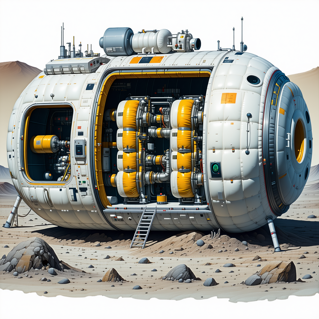 A Large White Spacecraft Is Shown In A Drawing, With A Hatch Open On The Side
