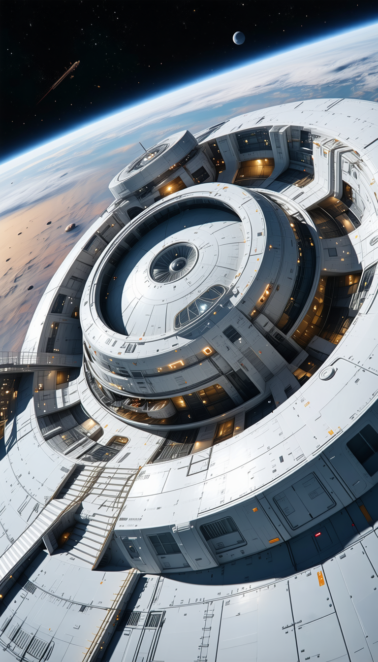 A Large White Space Station Is Shown In A Close-up View