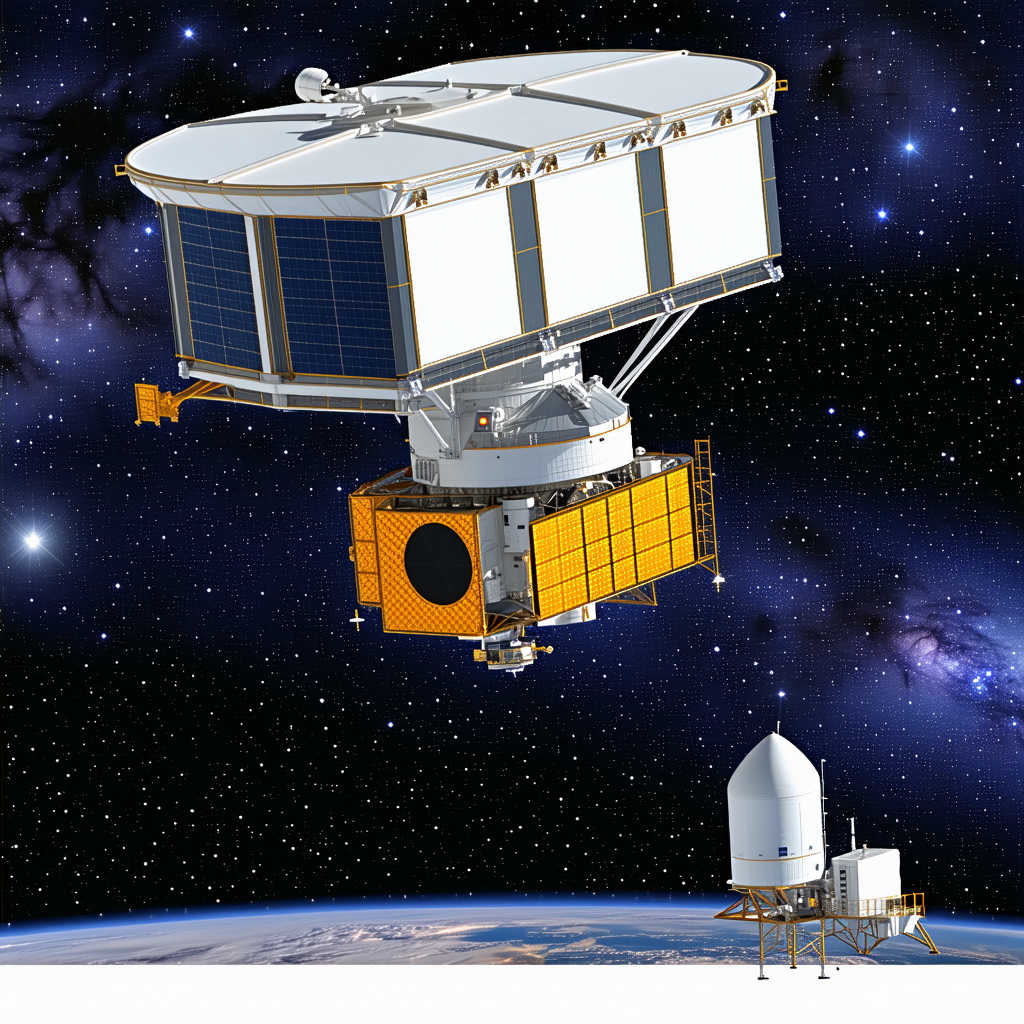 A Space Shuttle Is Flying In The Sky, With A Large Satellite Dish Attached To The Bottom Of It