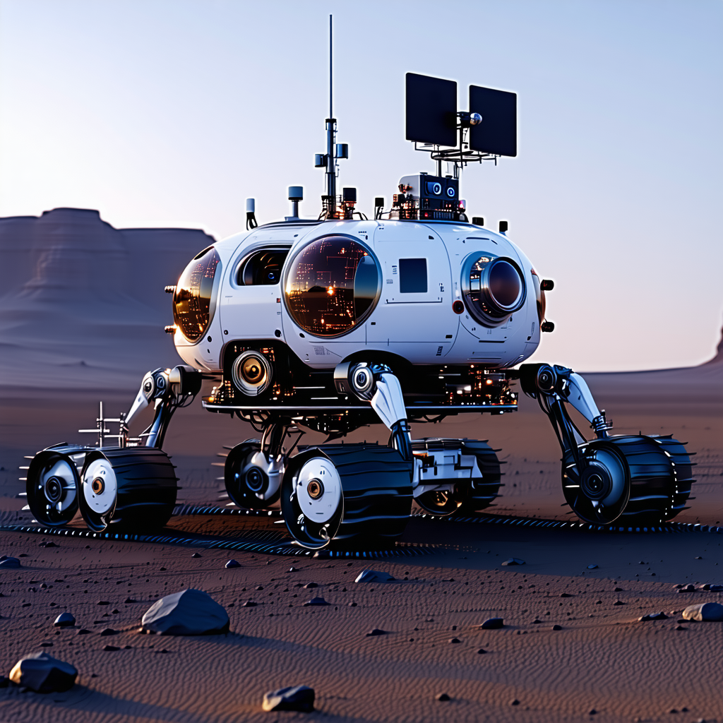 A White Spacecraft Is Parked On A Rocky Surface, With A Large Dome On Top