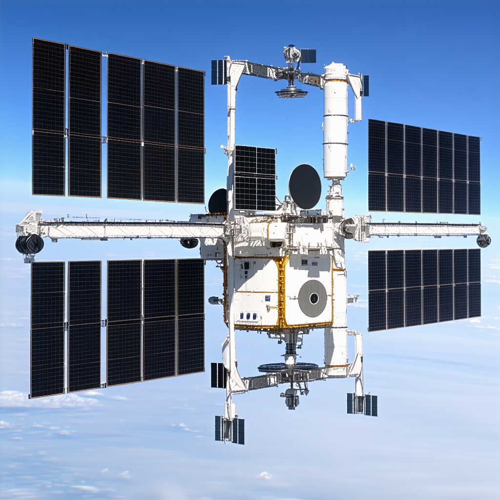 A Large Spacecraft With A White And Black Color Scheme