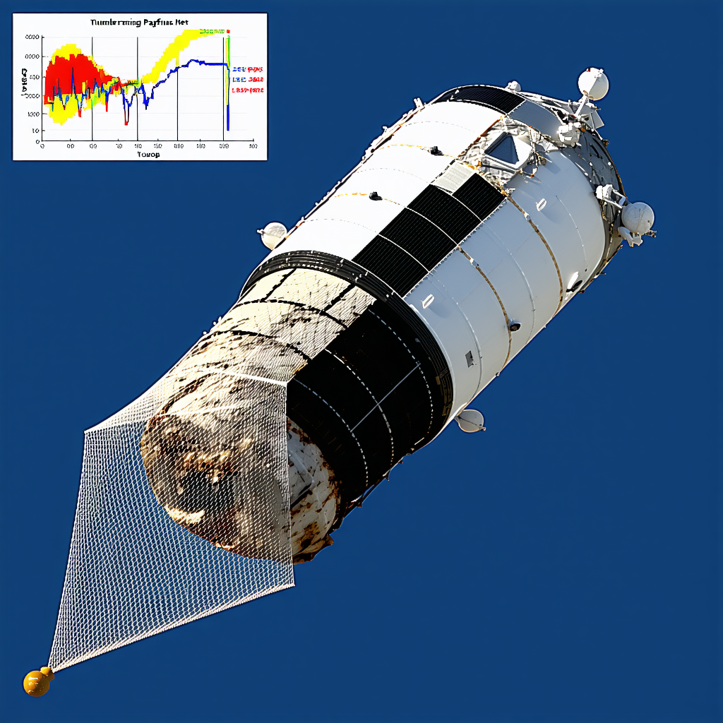 A Large Satellite Is Shown In The Image, With A Net Covering The Front Of It