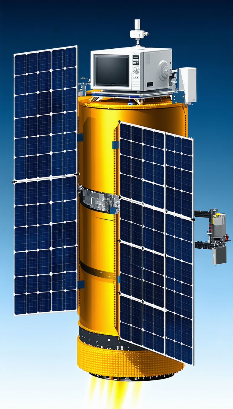 A Large, Yellow Satellite Is Shown In A Blue Sky
