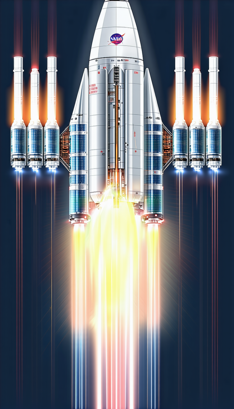 A Rocket Is Shown In A Space Scene, With Its Boosters Lit Up