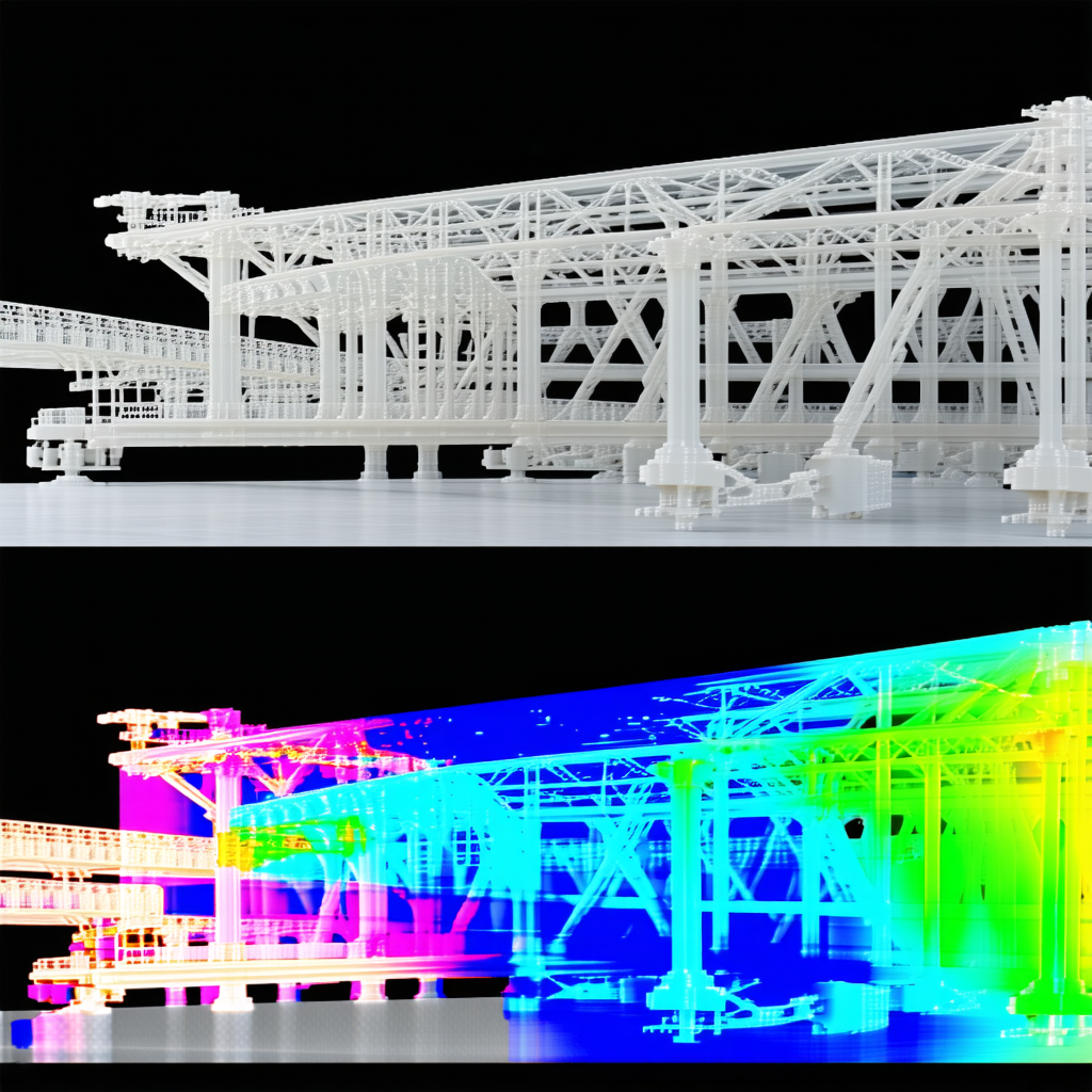 The Image Is A Split-screen Display Of A Large White Structure, Possibly A Bridge Or A Building