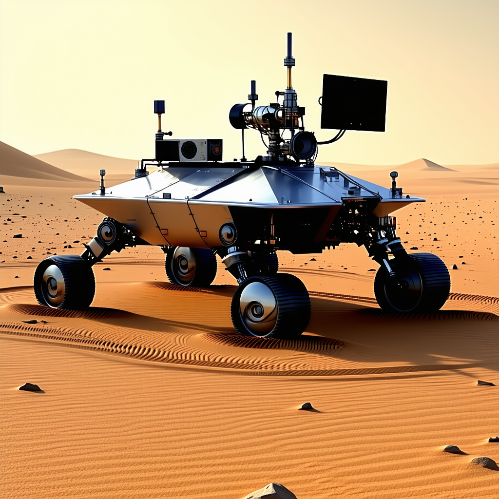 A Large, Silver Robotic Vehicle With Four Wheels, Driving Across A Sandy Terrain