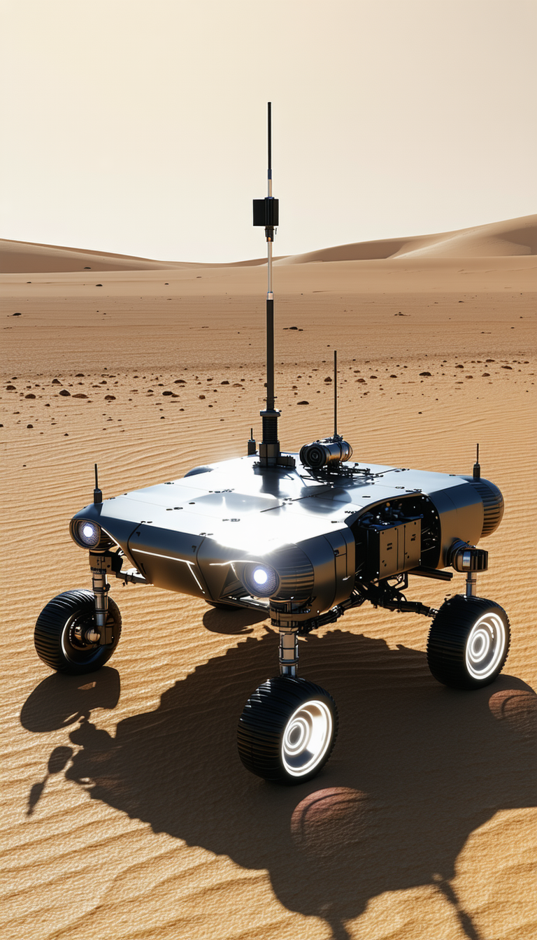 A Futuristic Robotic Vehicle With Four Wheels, Sitting In A Desert-like Environment