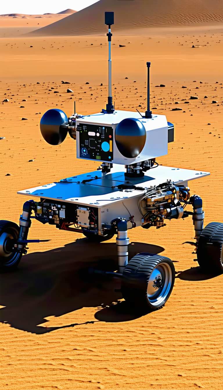A White Robotic Vehicle With A Large Dome On Top, Driving Across A Sandy Terrain