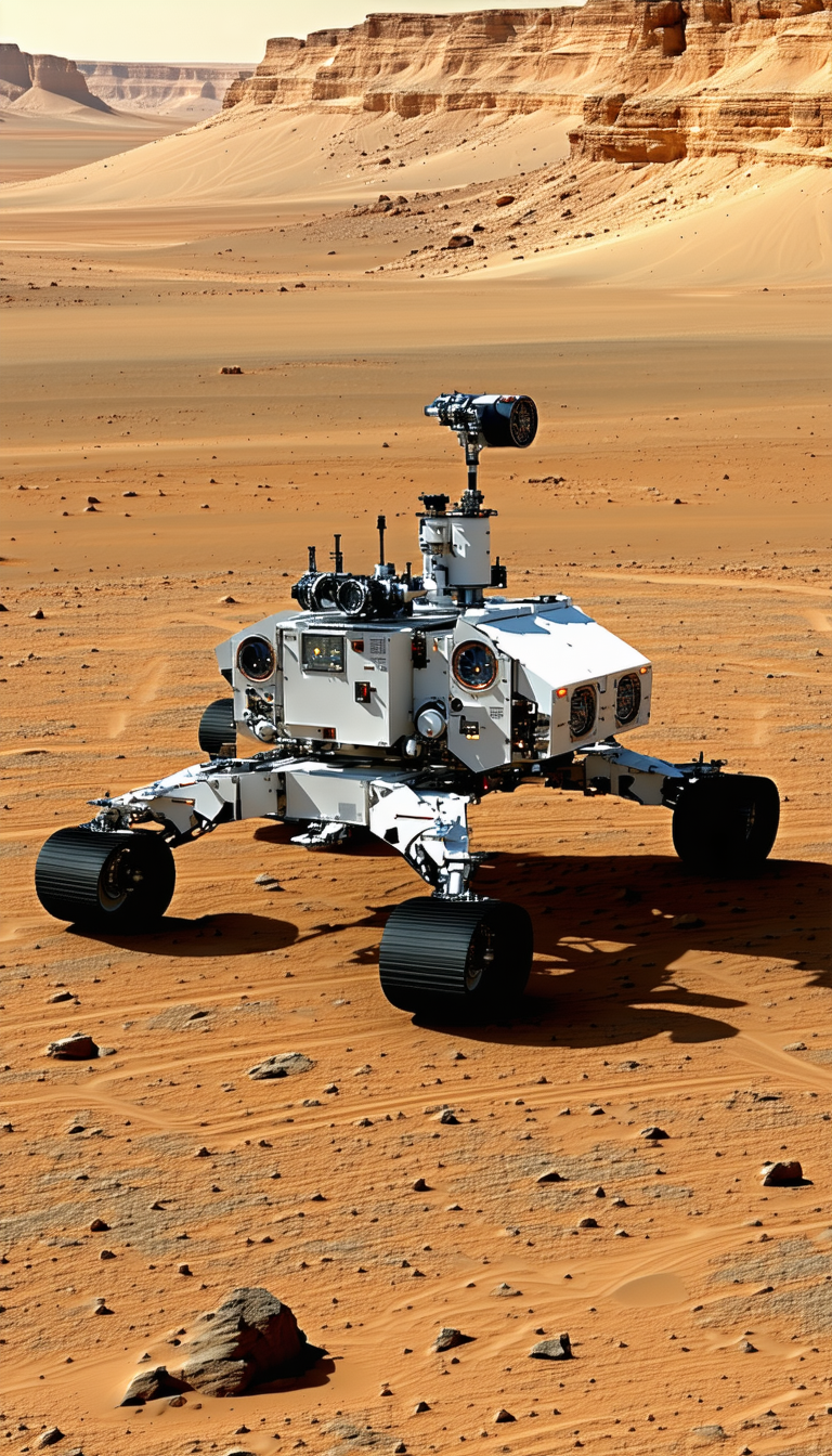 A White Robotic Vehicle, Possibly A Rover, Sitting On A Sandy Surface