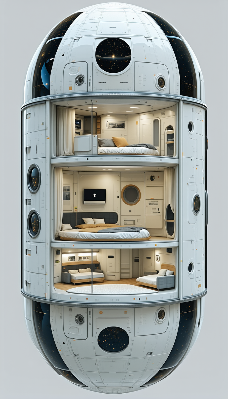 A Futuristic Space Ship Is Shown In A Three-dimensional View, With A Bedroom And A Living Room