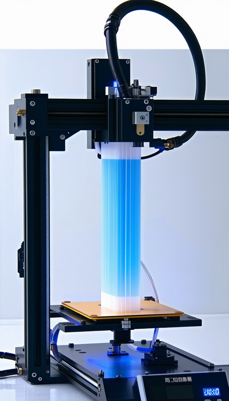 A Machine With A Blue Light, Possibly A 3d Printer, Creating A White And Blue Object