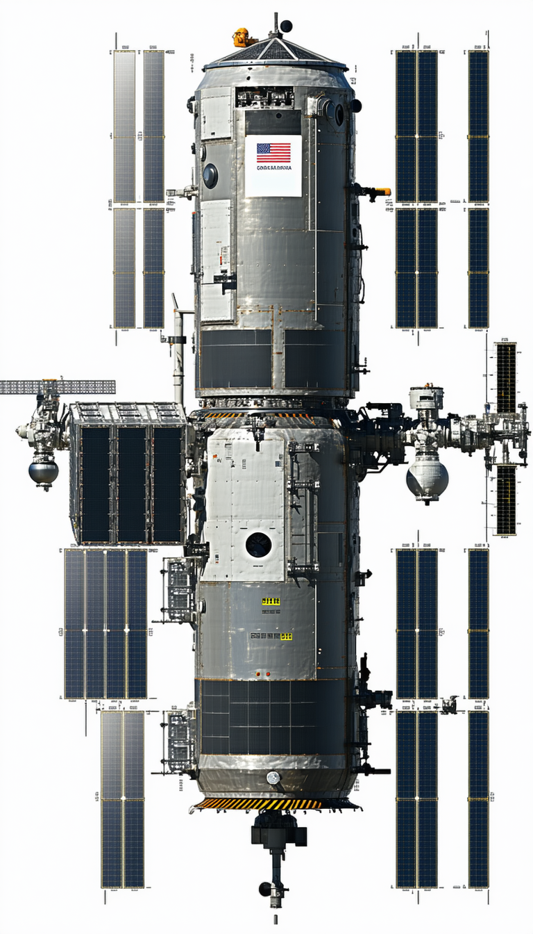A Large Spacecraft Is Shown In A 3d Model, With A Variety Of Windows And Doors
