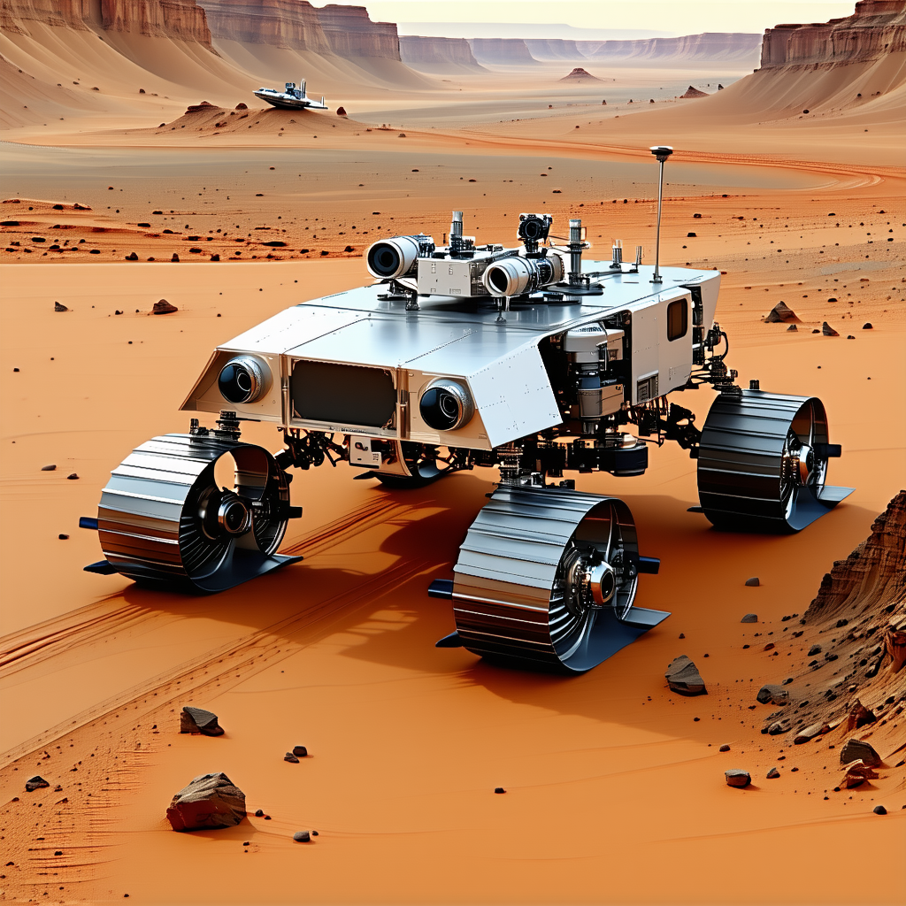 A Futuristic Robotic Vehicle Is Driving Across A Rocky Terrain