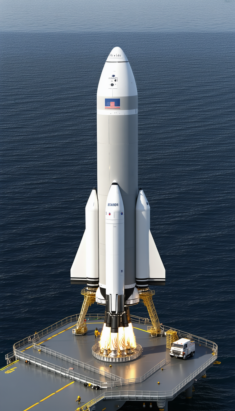 A Large White Rocket Ship Is Floating On The Water