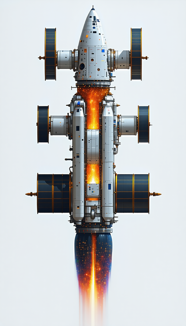 A Large Spacecraft Is Shown In A Drawing, With A Long, Curved Structure That Resembles A Rocket Ship