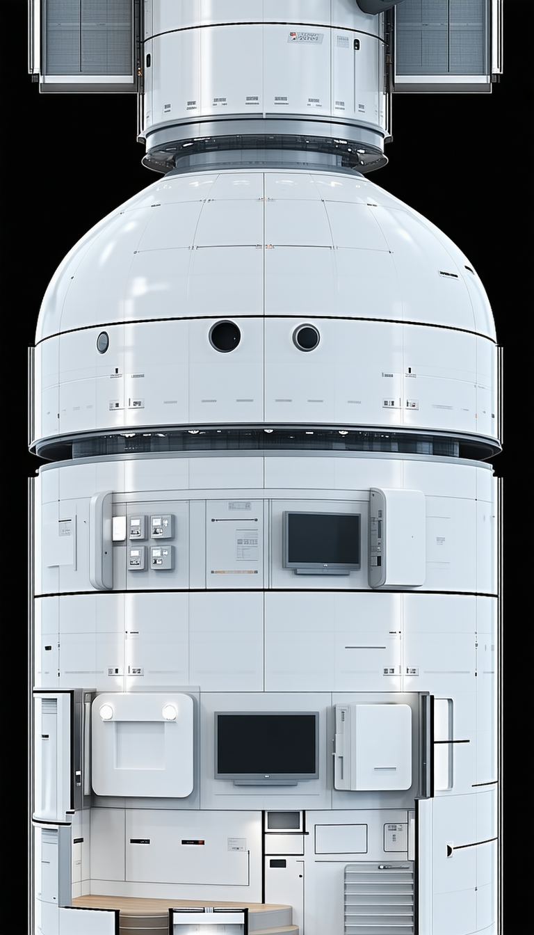 A Large White Spacecraft Is Shown In A Three-dimensional View