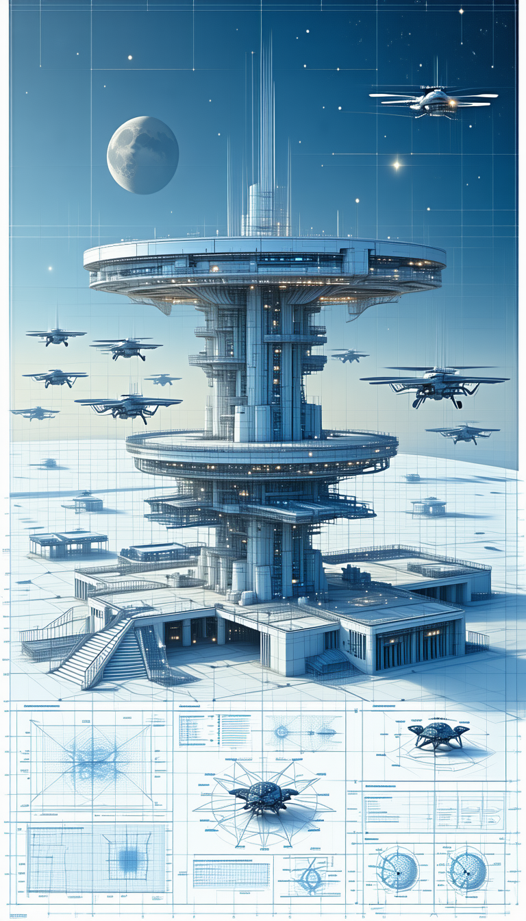 A Futuristic Cityscape Is Depicted In This Image, Featuring A Large Tower With A Dome On Top