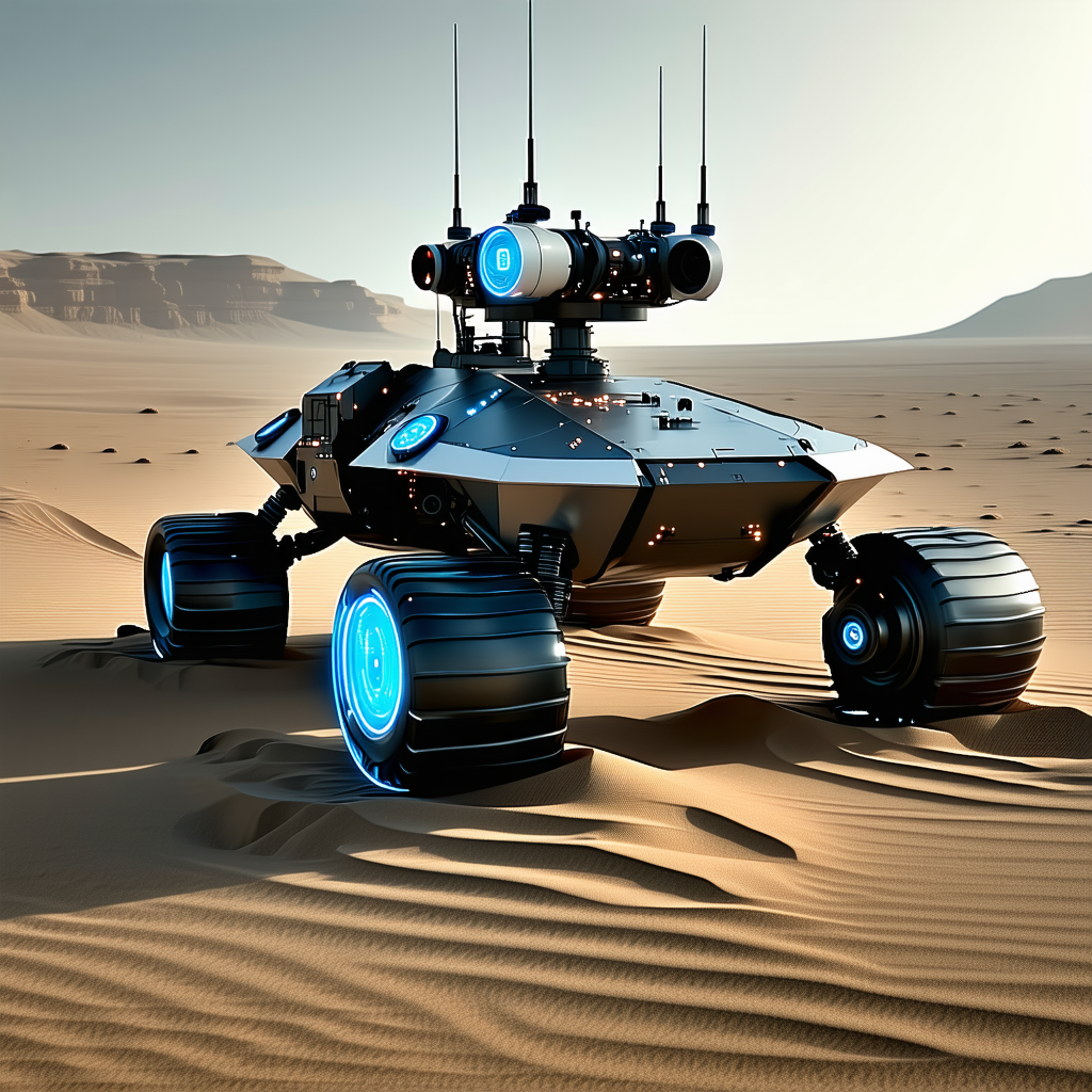 A Futuristic Robotic Vehicle With Four Wheels, Sitting In A Sandy Desert