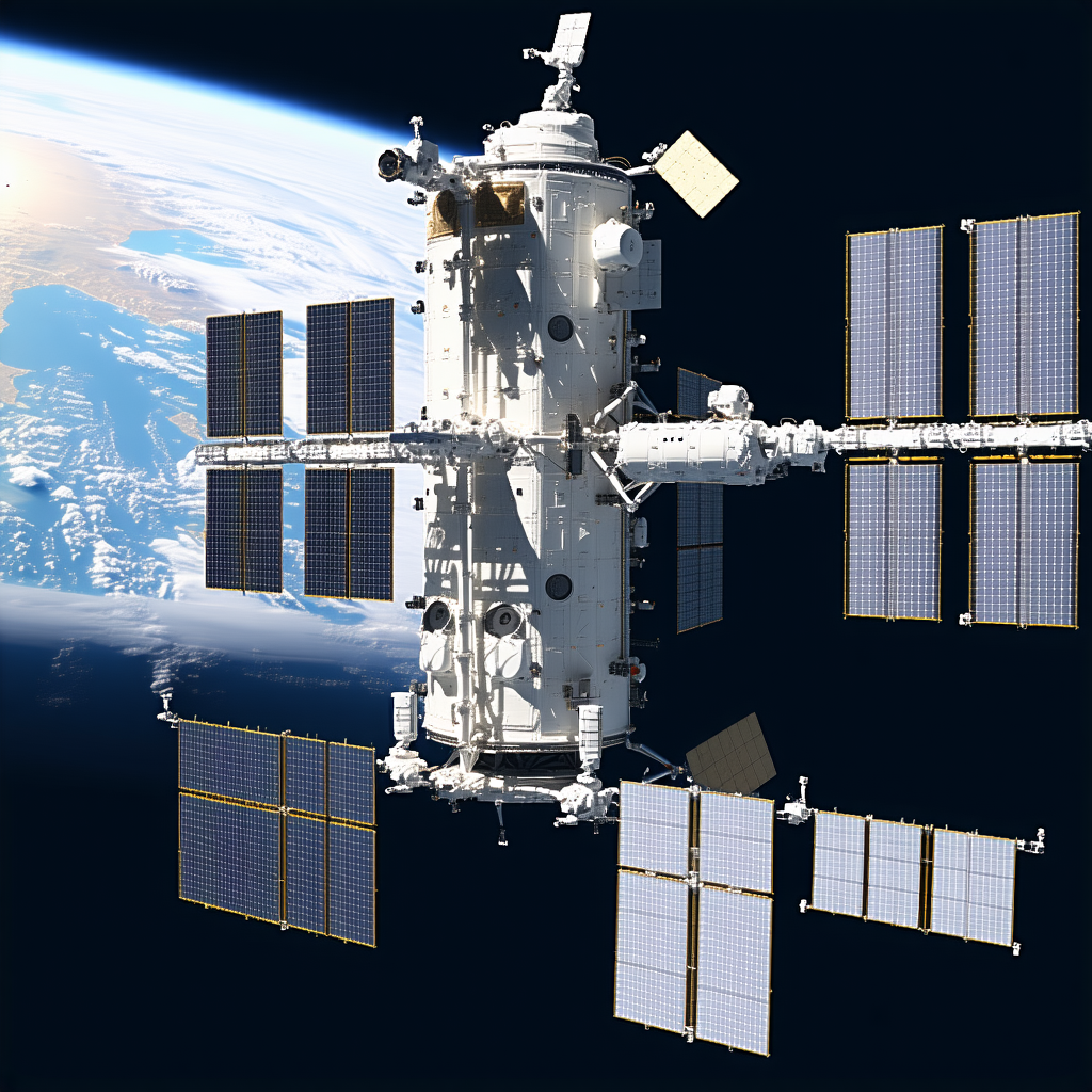 A Large White Spacecraft Is Floating In The Blackness Of Space