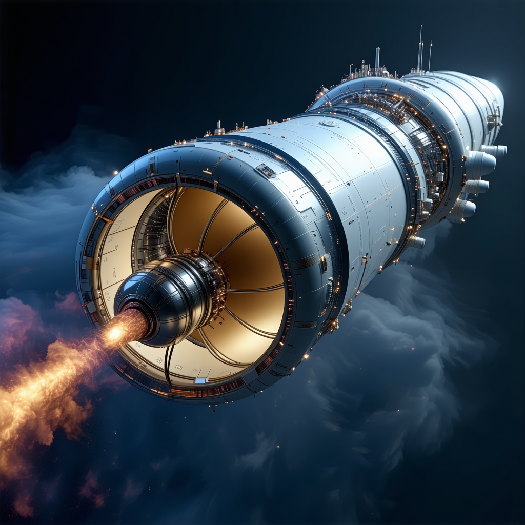 A Large, Futuristic Spacecraft Is Shown In A Dark