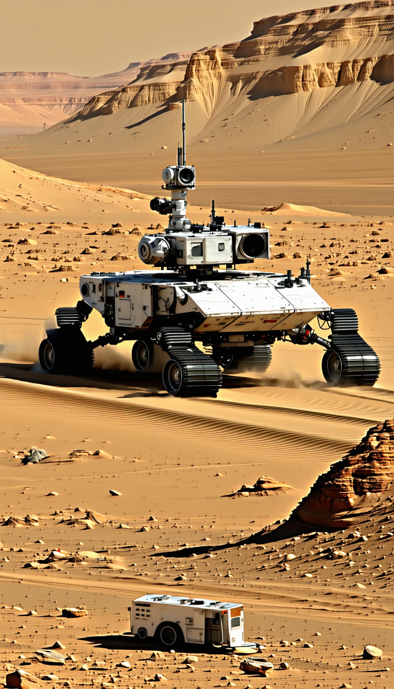 A Large Robotic Vehicle, Possibly A Tank, Driving Across A Sandy Terrain