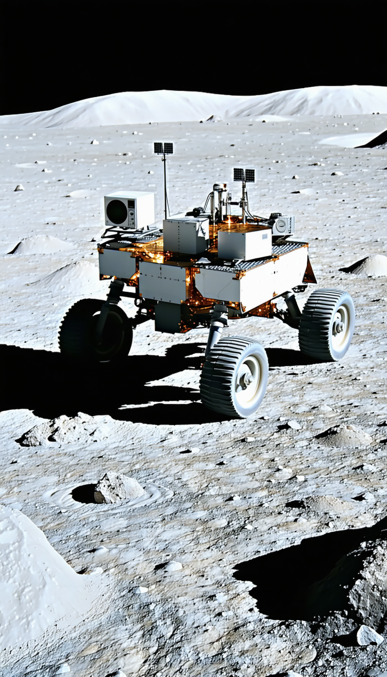 A Robotic Vehicle, Possibly A Rover, Sitting On A Rocky Surface