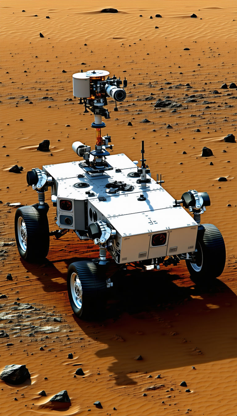 A White Robotic Vehicle Is Parked On A Dirt Surface