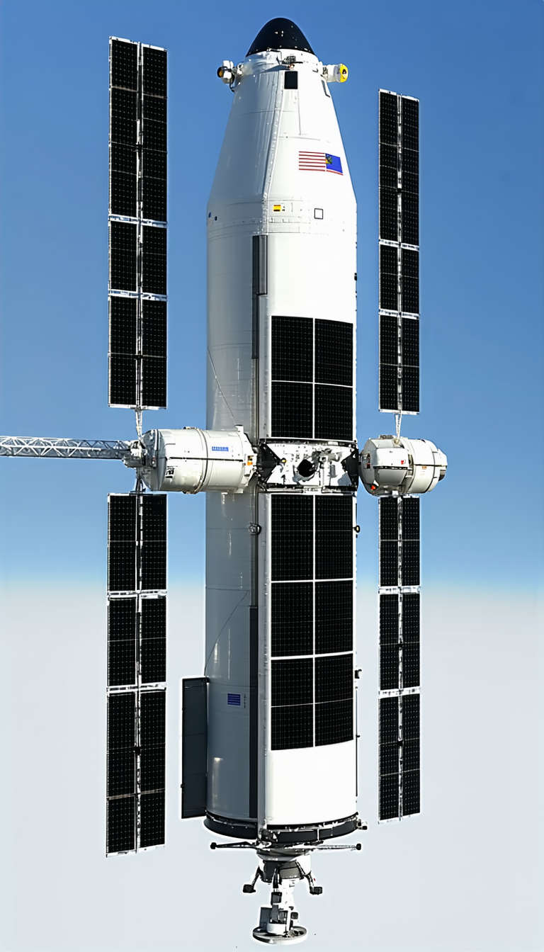 A Large Spacecraft With A Satellite Dish On Top