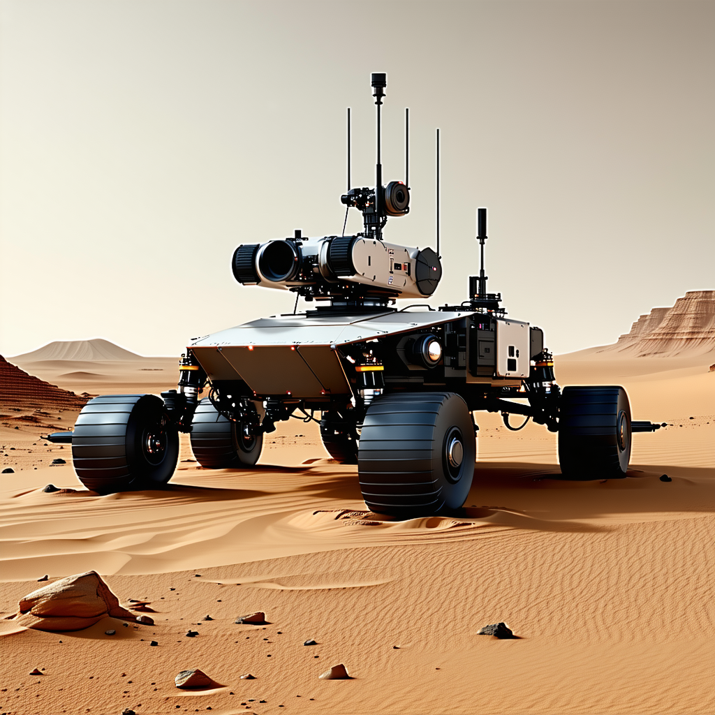 A Large Robotic Vehicle Is Sitting In A Desert Landscape