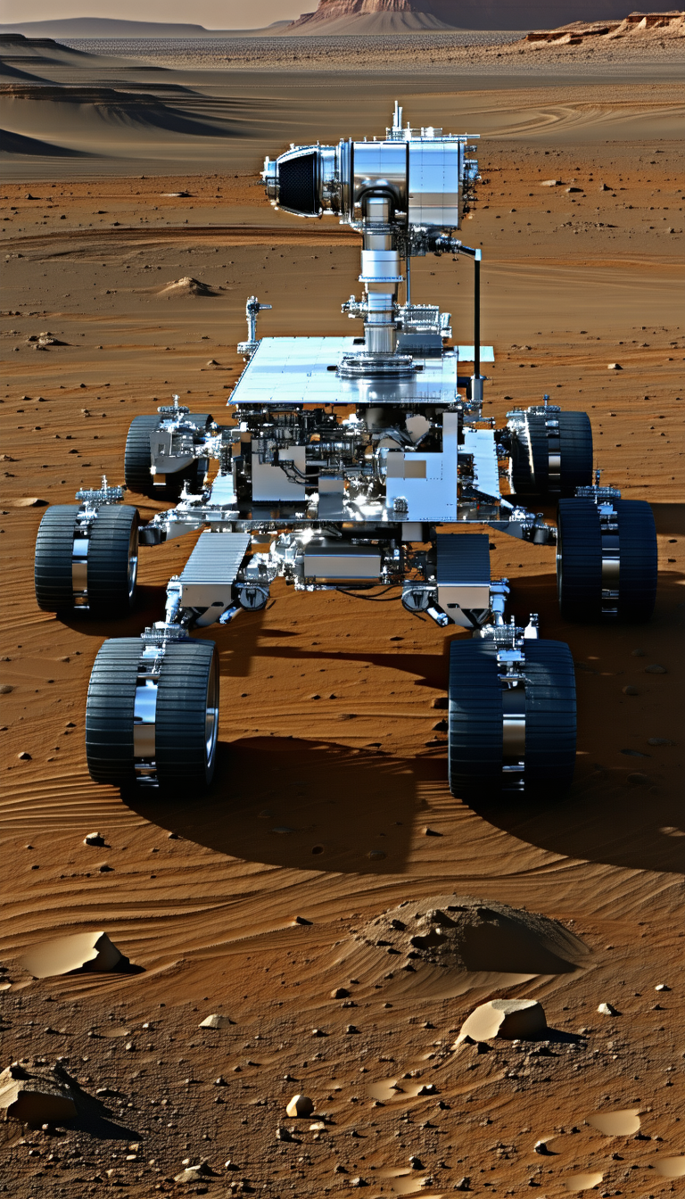A Large Robotic Vehicle, Possibly A Rover, Sitting On A Dirt Surface