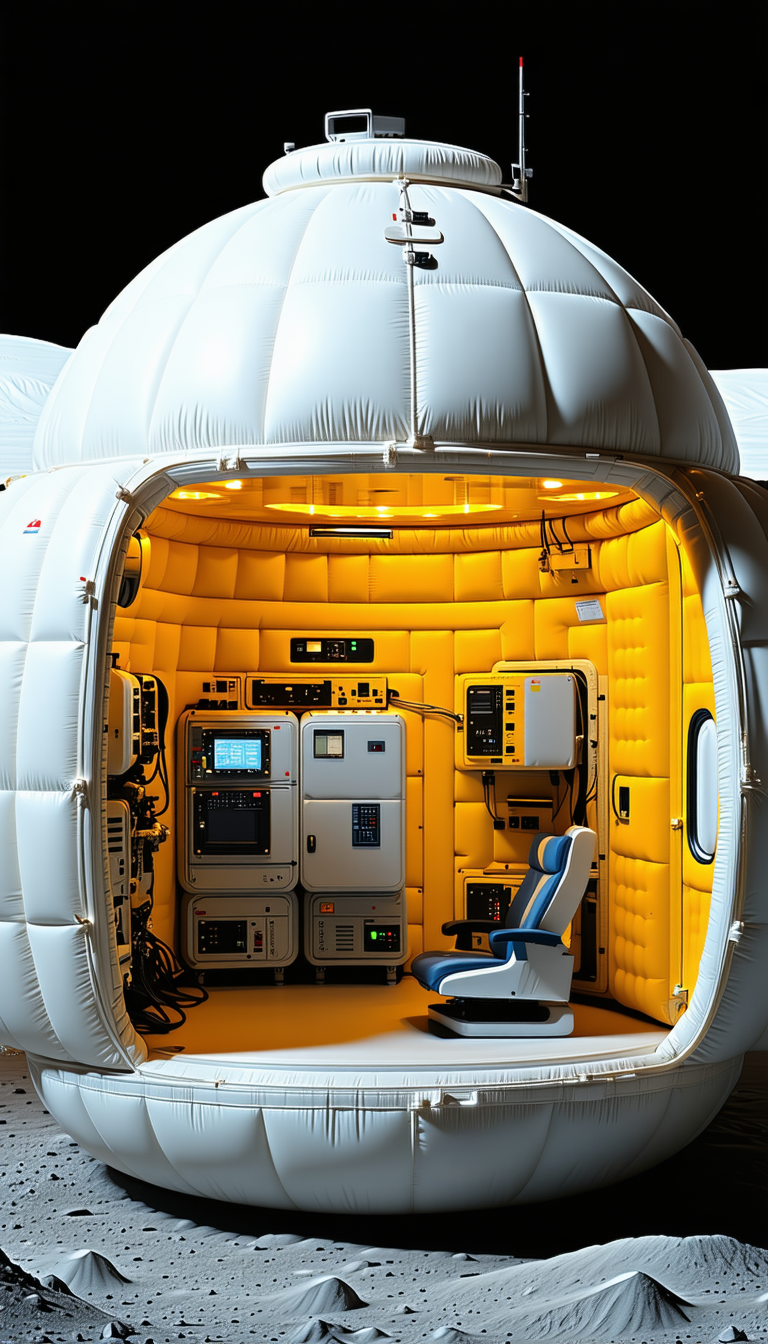 In The Image, There Is A Small, White, And Yellow Spacecraft With A Blue Chair Inside