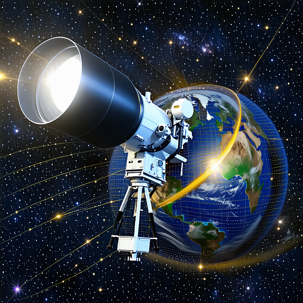 A Large Telescope, Which Is Positioned In Front Of A Beautifully Lit Earth