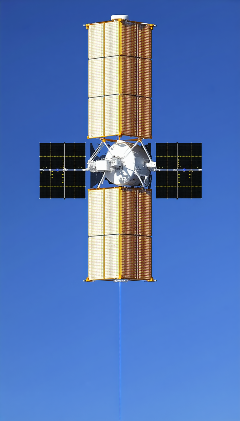 A Space Station Is Floating In The Air, With A Large Satellite Dish On The Bottom