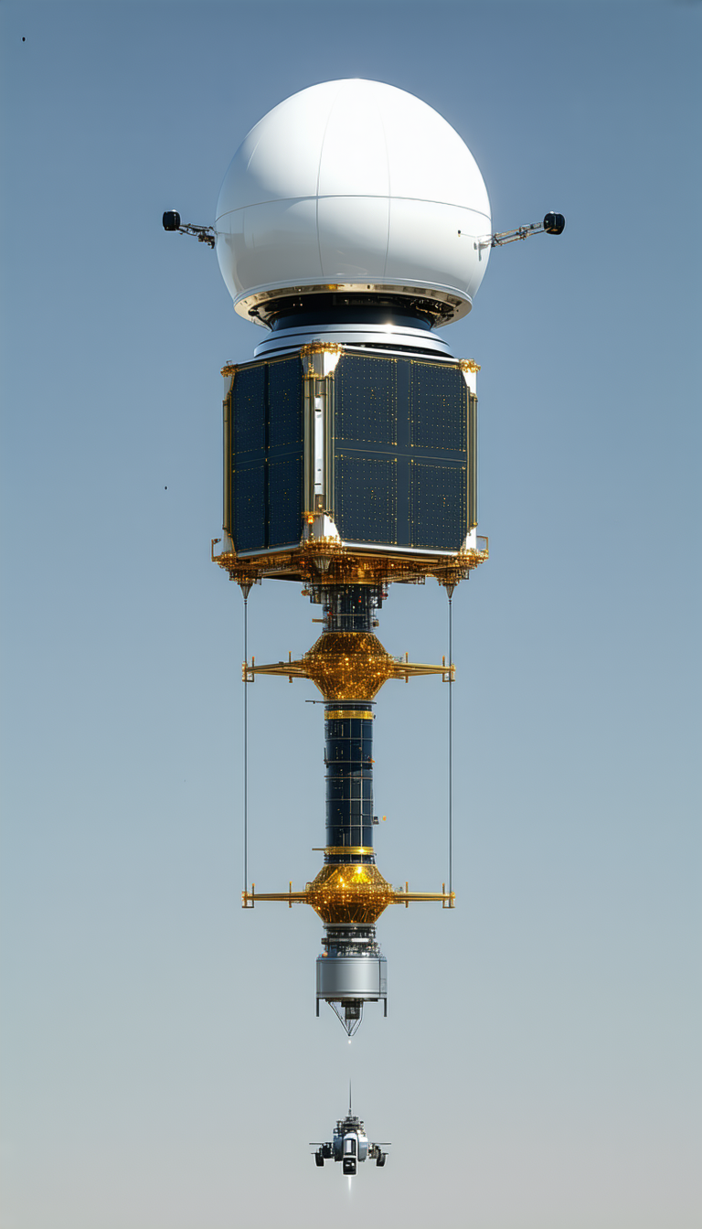 A Large Satellite Dish Is Mounted On A Tall Tower