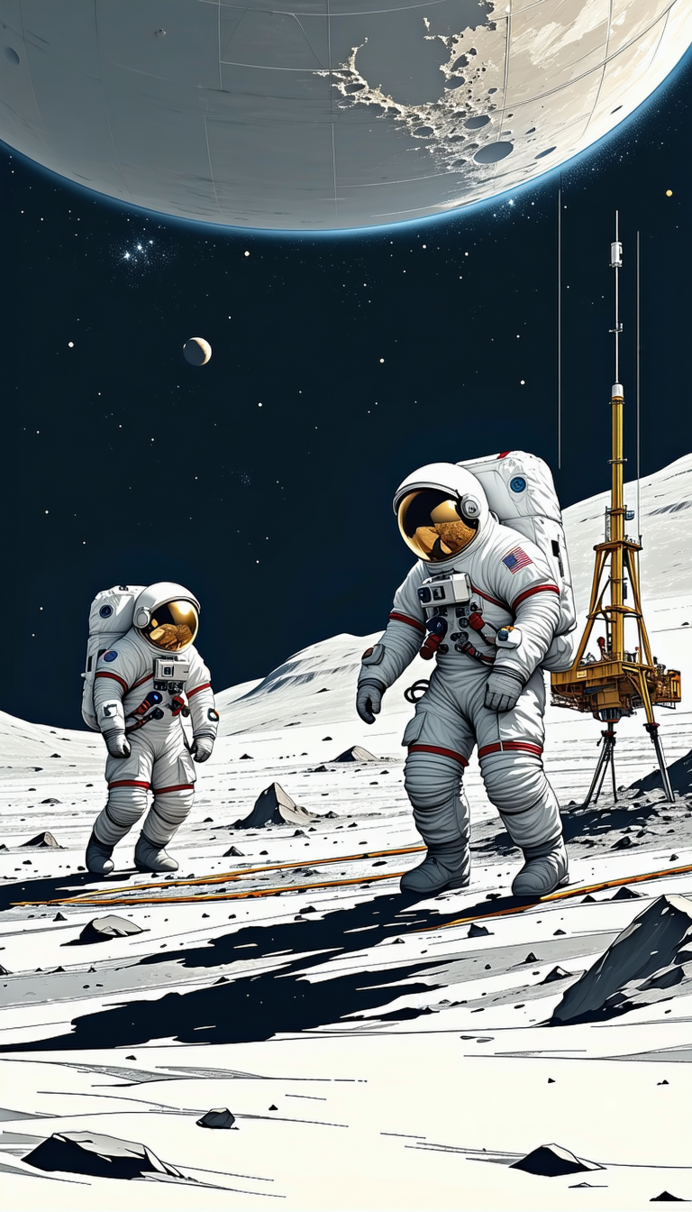 In The Image, There Are Two Astronauts Standing On The Moon, Wearing White Suits