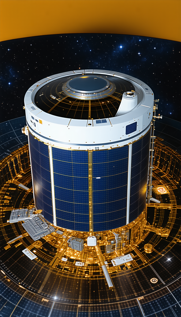 A Large Satellite Dish With A Blue And Gold Color Scheme