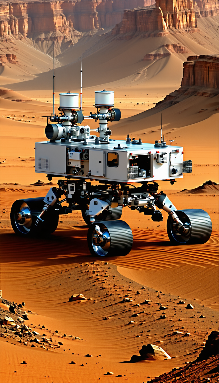 A Large White Robotic Vehicle With Four Wheels, Standing On A Dirt Surface