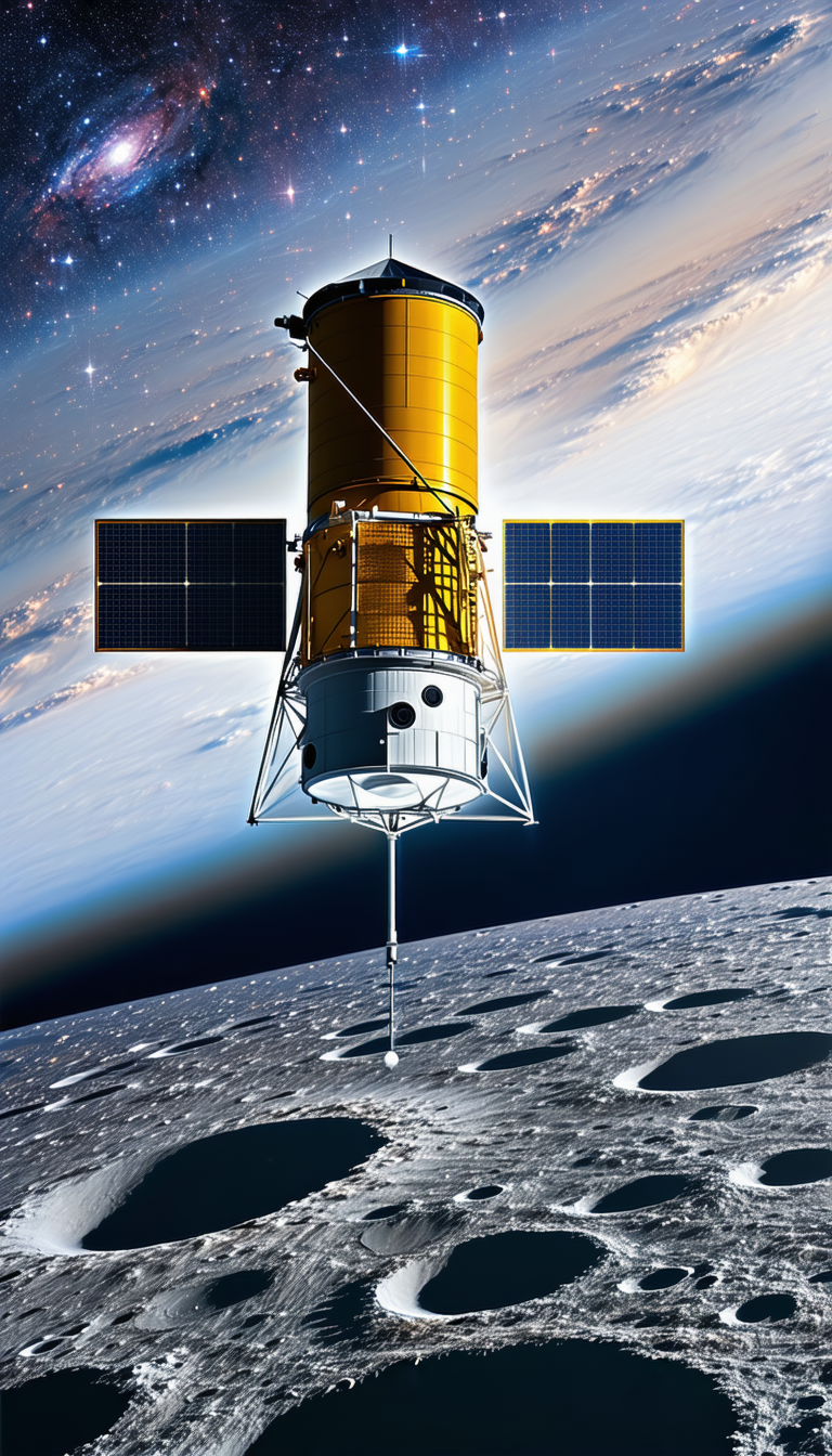 A Large Satellite Is Floating In The Sky, With A Large Dish On The Bottom