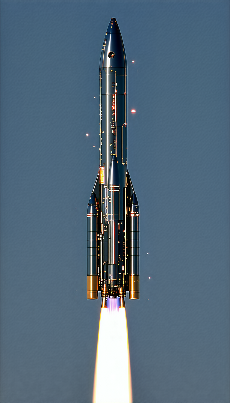 A Rocket Is Shown In A Close-up Shot, With Its Engine Lit Up