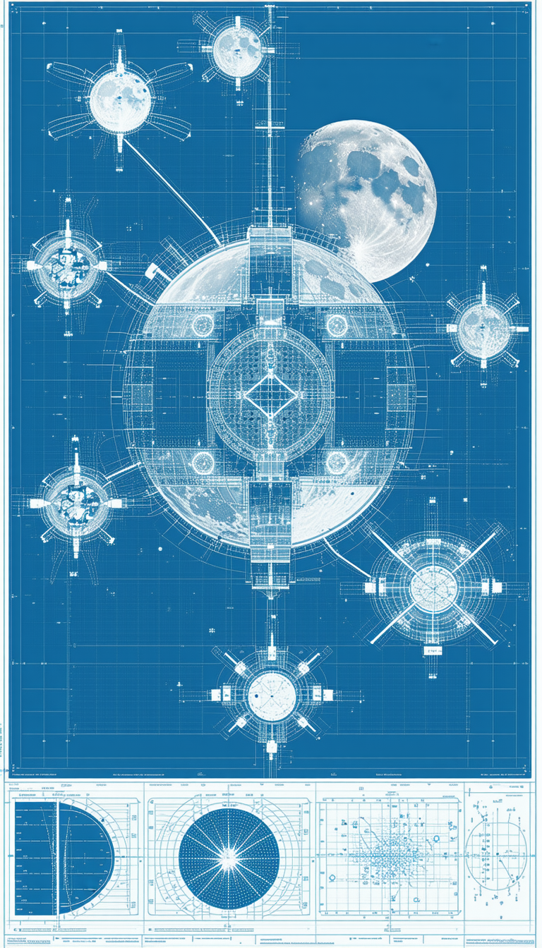 A Blue Drawing Of A Space Station Is Shown, With A Moon In The Background